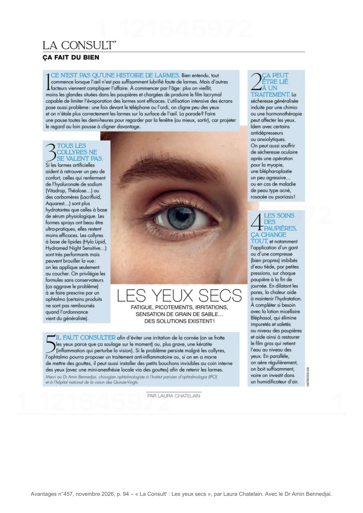 Article La Consult’ : Les yeux secs, par Laura Chatelain, avec le Dr Amin Bennedjai, Avantages novembre 2026, page 94