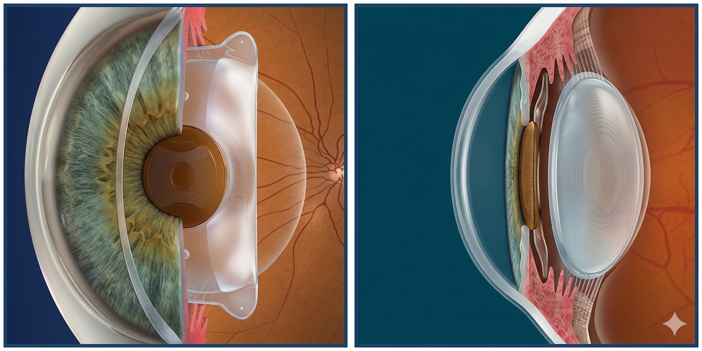 Implant ICL positionn&eacute; dans l'oeil entre l'iris et le cristallin naturel