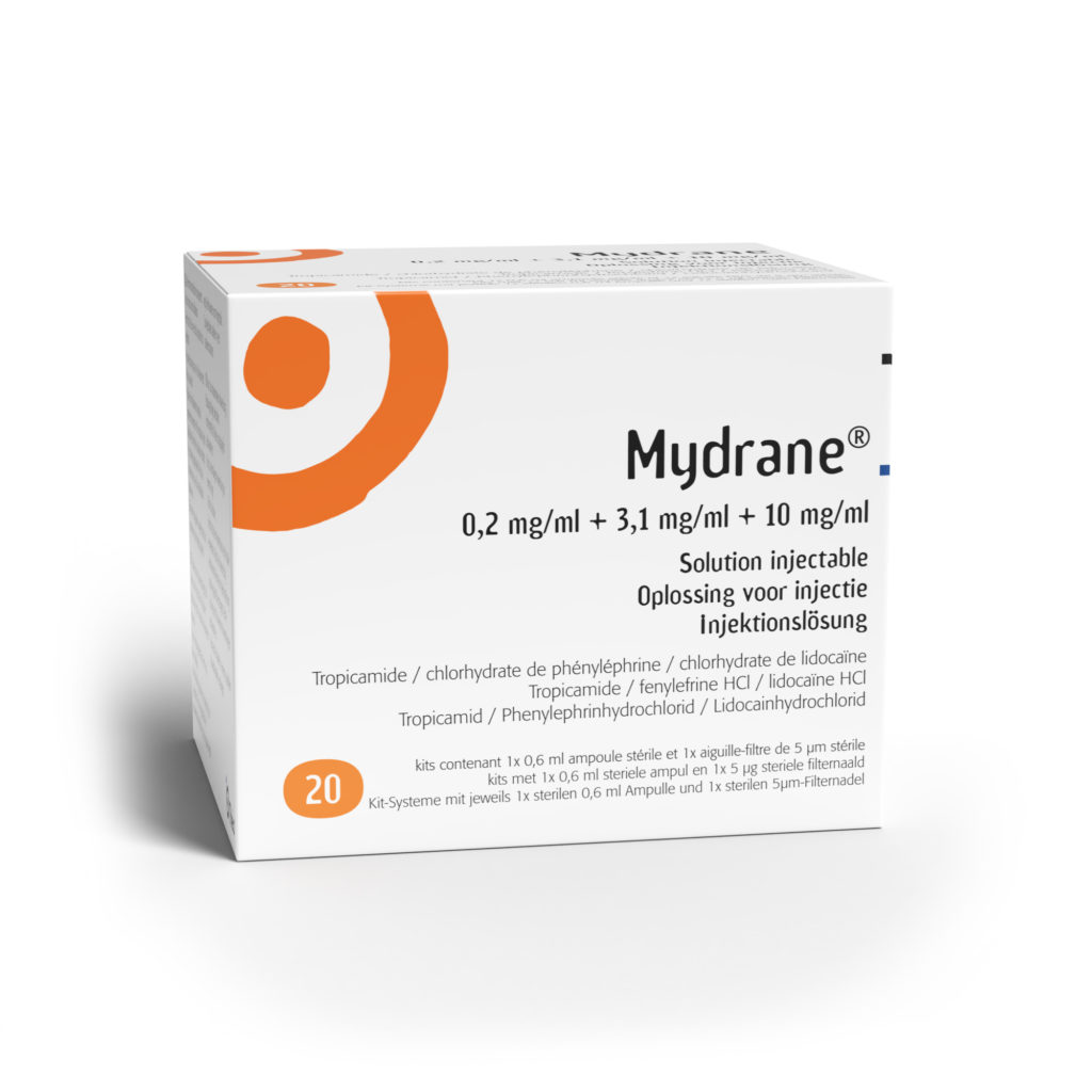 Conditionnement de Mydrane, solution de tropicamide, phényléphrine et lidocaïne