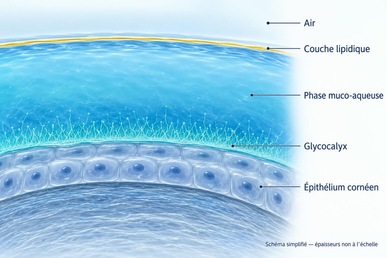 Sch&eacute;ma en coupe de la couche lipidique et de la phase muco-aqueuse du film lacrymal au-dessus de l'&eacute;pith&eacute;lium corn&eacute;en