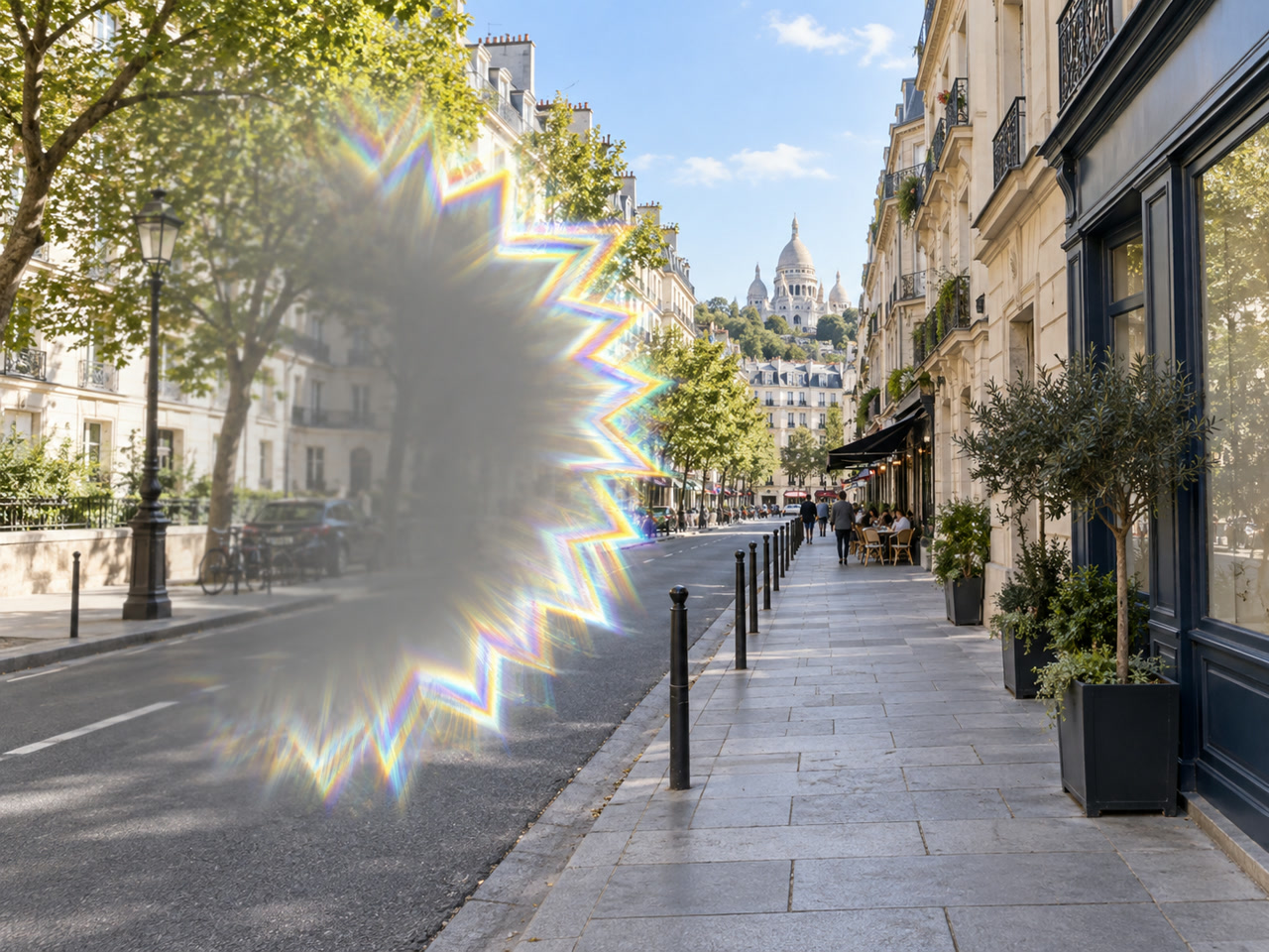 Simulation d'une aura visuelle avec scotome gris bordé de zigzags lumineux