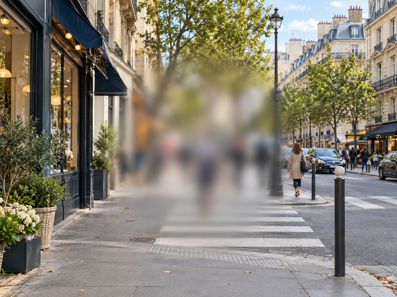 Rue parisienne avec zone centrale floue illustrant de façon simplifiée une atteinte de la vision centrale