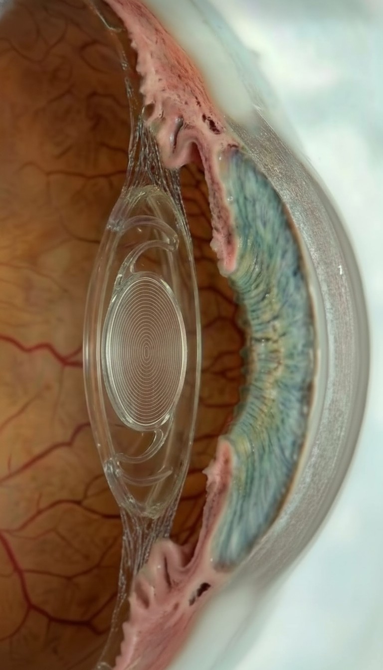 Photo macro d'un implant intraoculaire trifocal/multifocal pos&eacute; dans le sac capsulaire apr&egrave;s extraction du cristallin&nbsp;: vue sagittale montrant les anneaux diffractifs concentriques caract&eacute;ristiques sur la surface optique de l'implant, l'iris &agrave; droite et la r&eacute;tine en arri&egrave;re-plan.