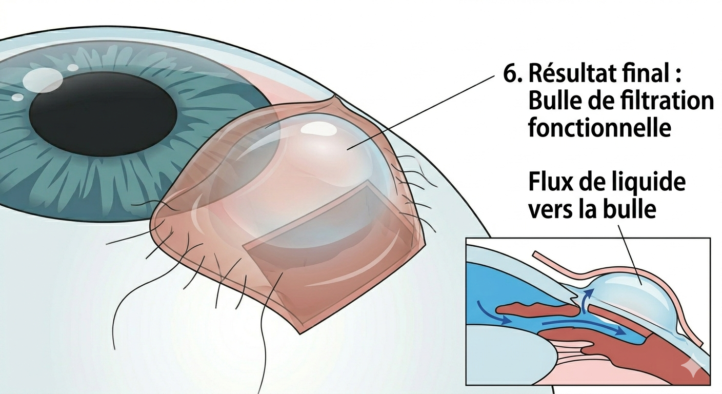 &Eacute;tape finale : bulle de filtration fonctionnelle avec flux d'humeur aqueuse vers l'espace sous-conjonctival