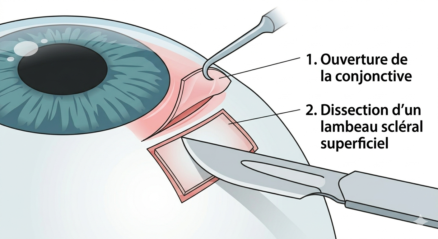 &Eacute;tape 1 : ouverture de la conjonctive et dissection d'un lambeau scl&eacute;ral superficiel