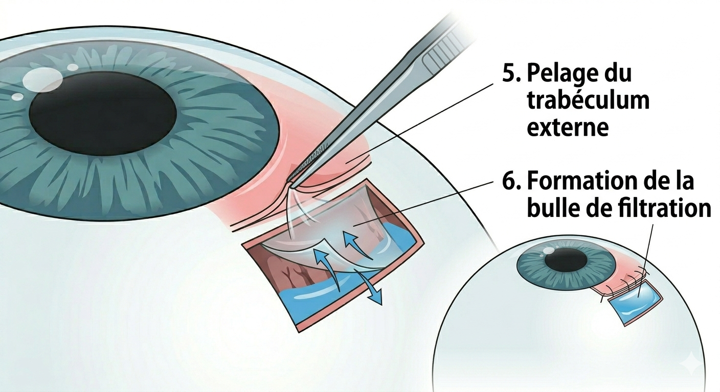 &Eacute;tape 3 : pelage du trab&eacute;culum externe et formation de la bulle de filtration
