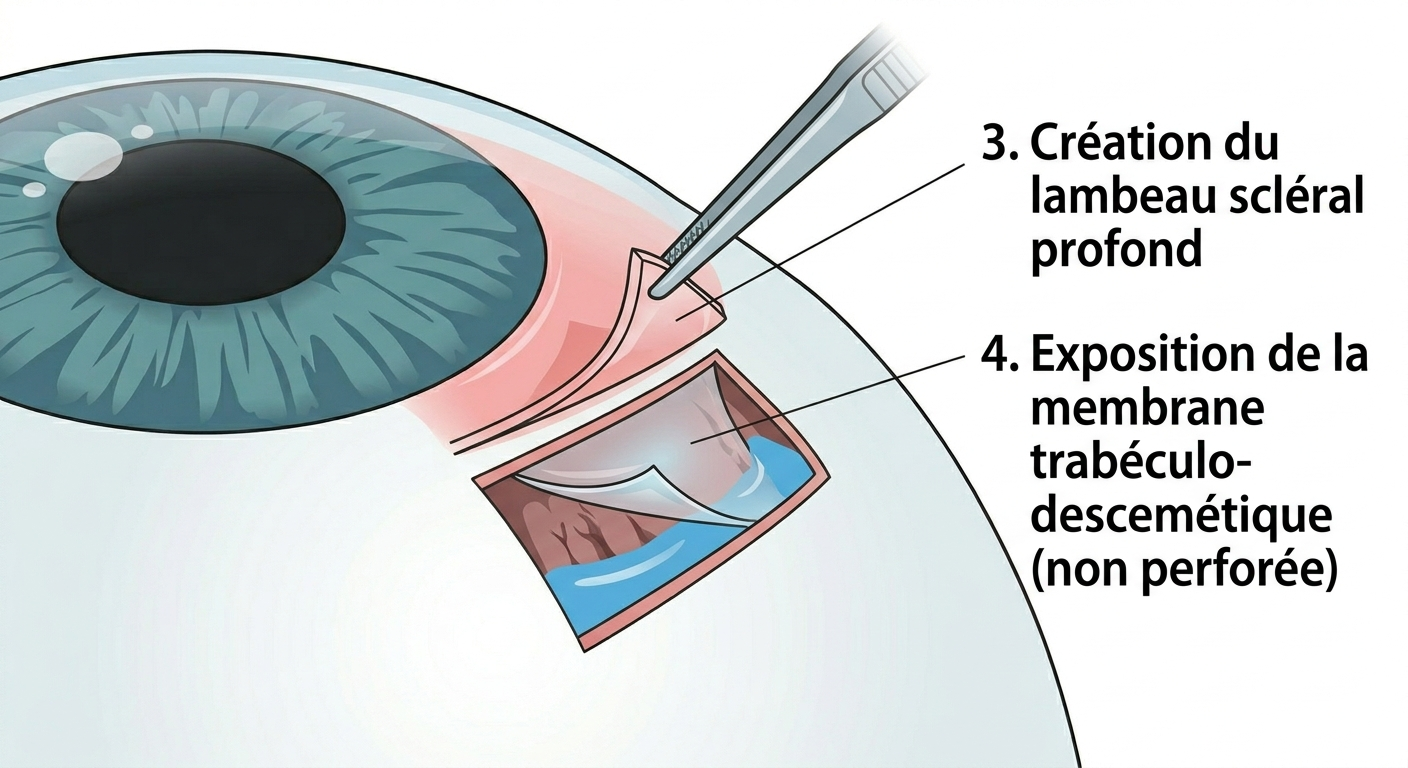 &Eacute;tape 2 : cr&eacute;ation du lambeau scl&eacute;ral profond exposant la membrane trab&eacute;culo-descem&eacute;tique