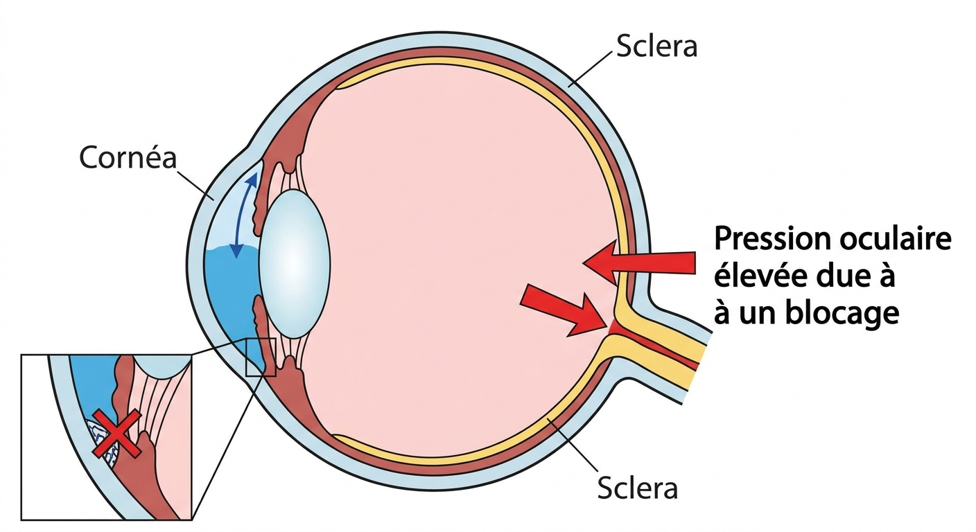 Situation initiale du glaucome : pression oculaire &eacute;lev&eacute;e due &agrave; un blocage du trab&eacute;culum